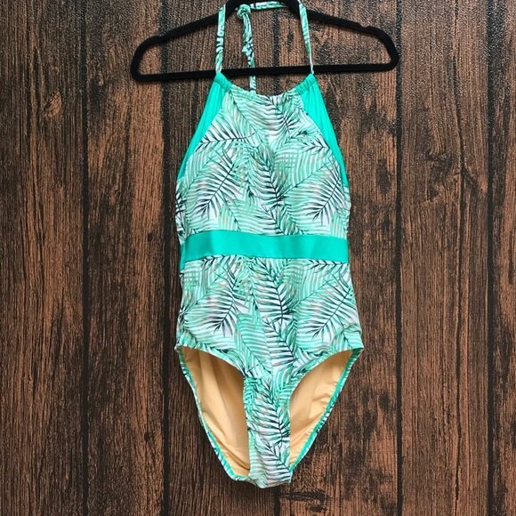 Sea and Sand One Piece Halter Bathing Suit Green Teal Tropical Print Womens 16 - Picture 10 of 13